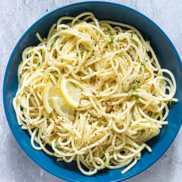 top down view of a bowl filled with garlic butter pasta