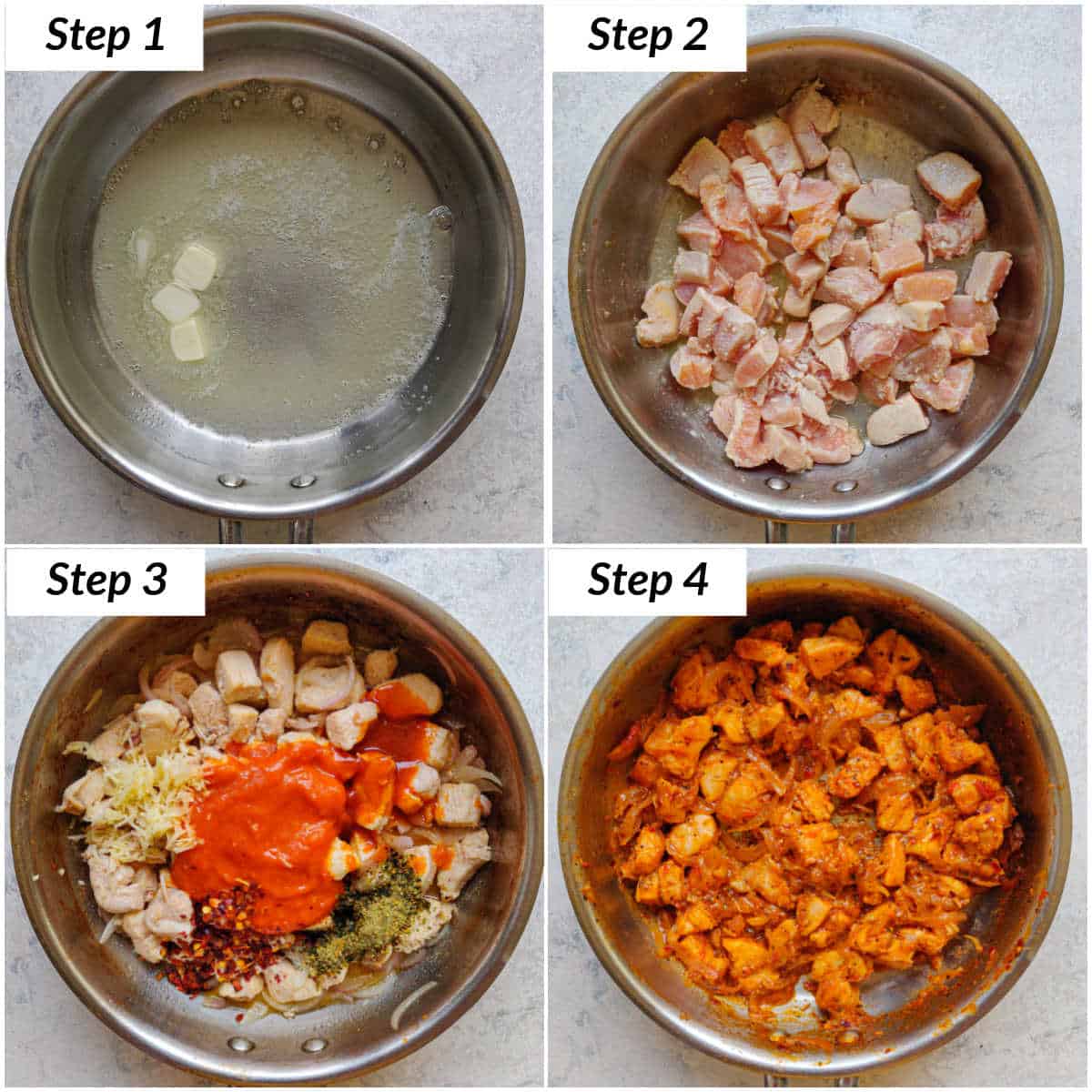 image collage showing the steps for making chicken stuffed buns filling.
