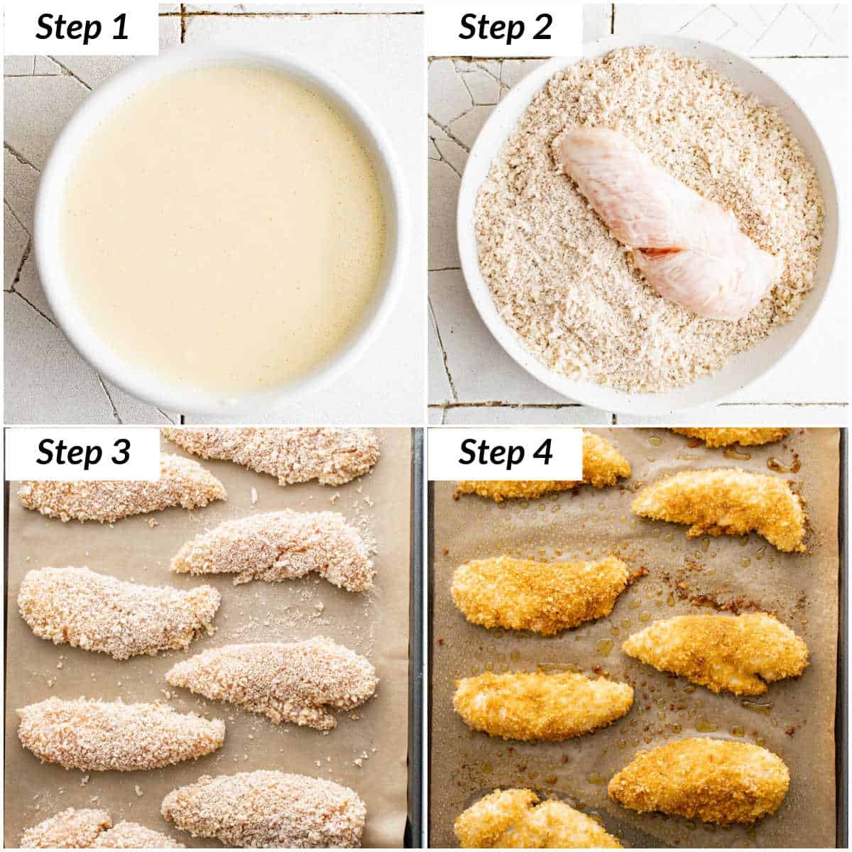 image collage showing the steps for making baked chicken tender in oven