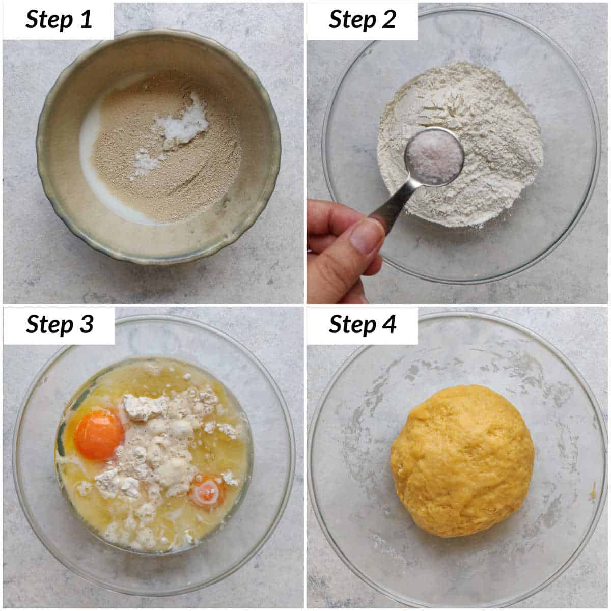 image collage showing the steps for making the chicken stuffed buns dough