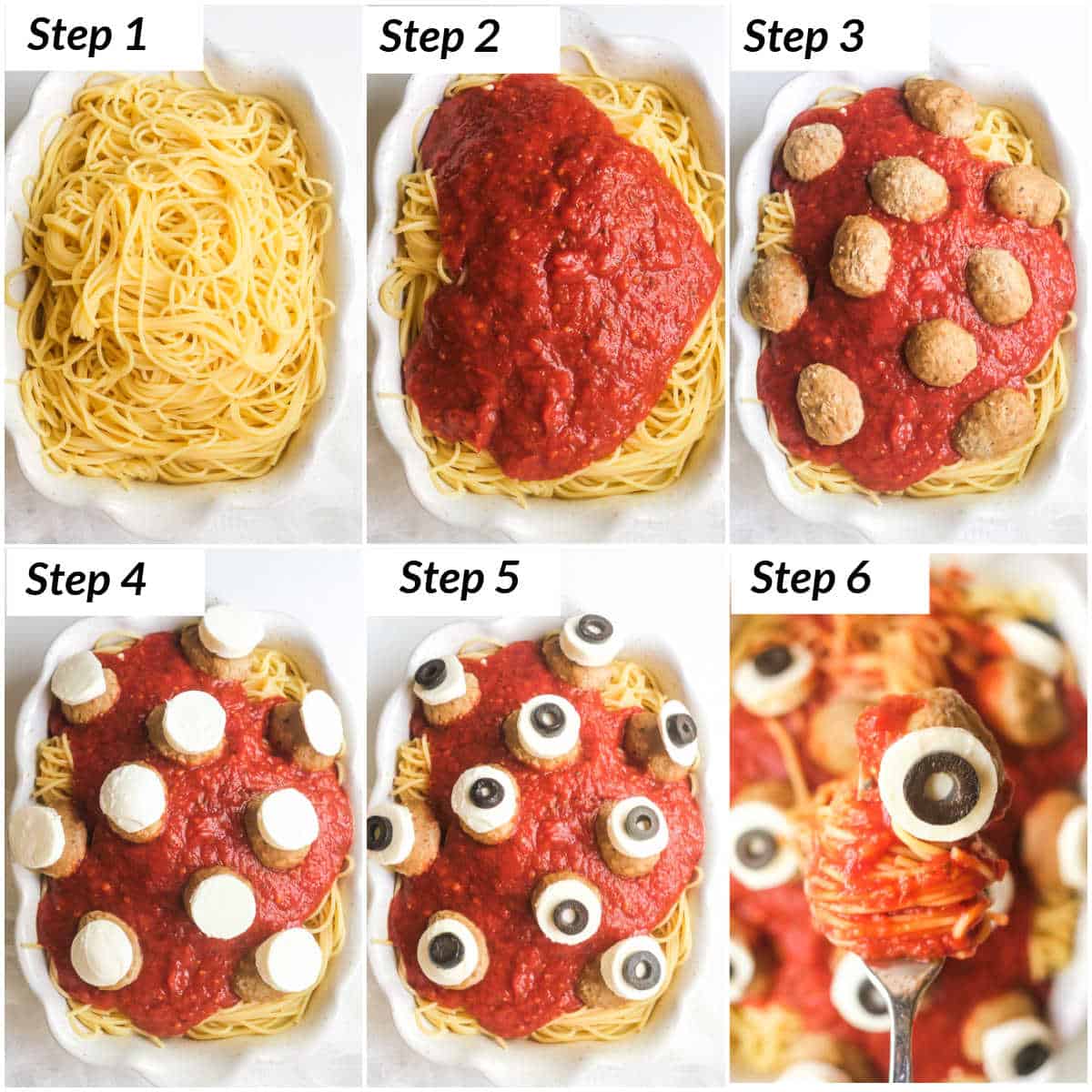 image collage showing the steps for making eyeball halloween spaghetti