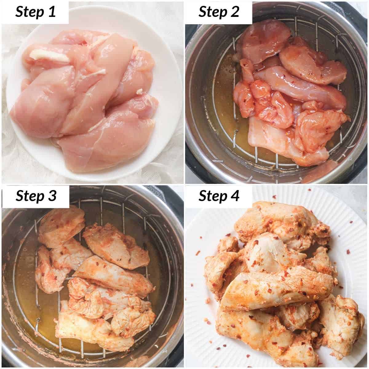 image collage showing the steps for making chicken tenders in instant pot