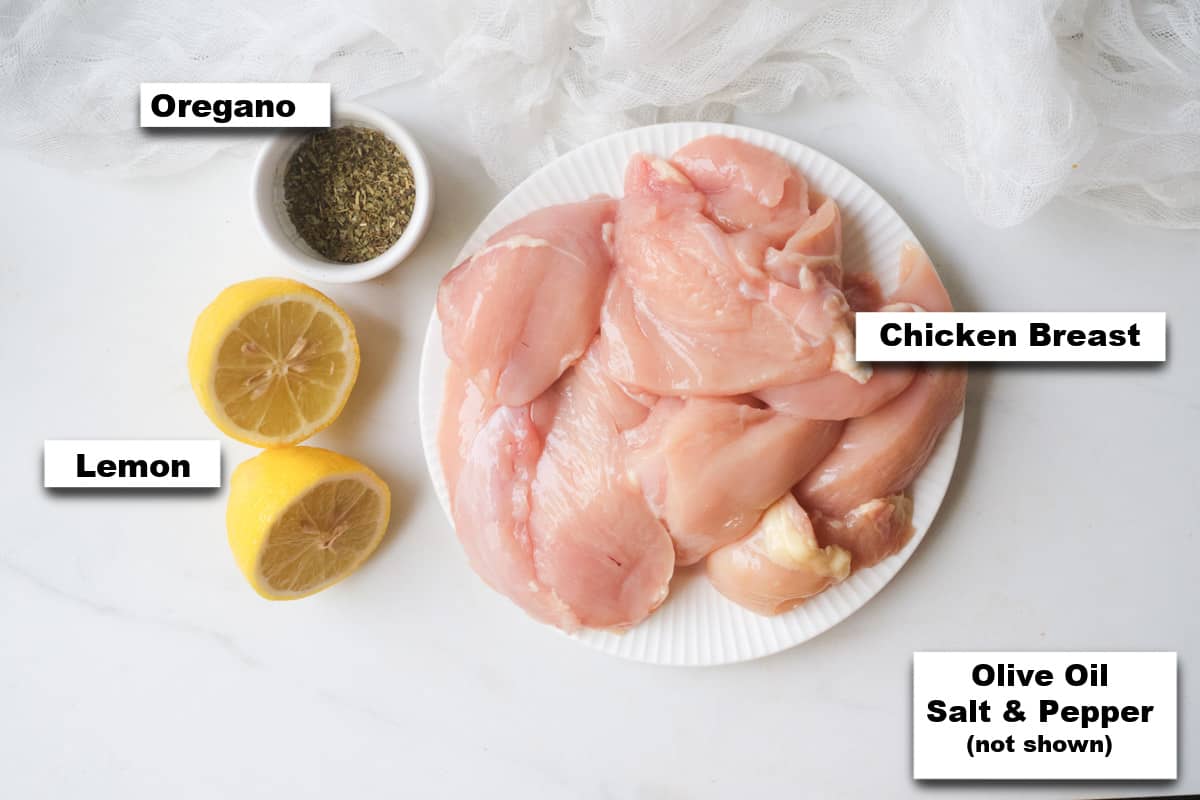 the ingredients needed for making lemon oregano grilled chicken tenders