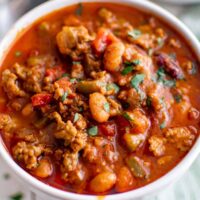 top down view of a bowl filled with wendys chili recipe