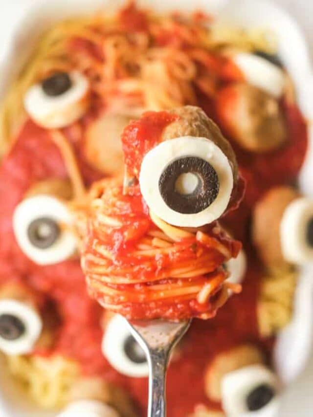 closeup view of a portion of halloween spaghetti on a fork
