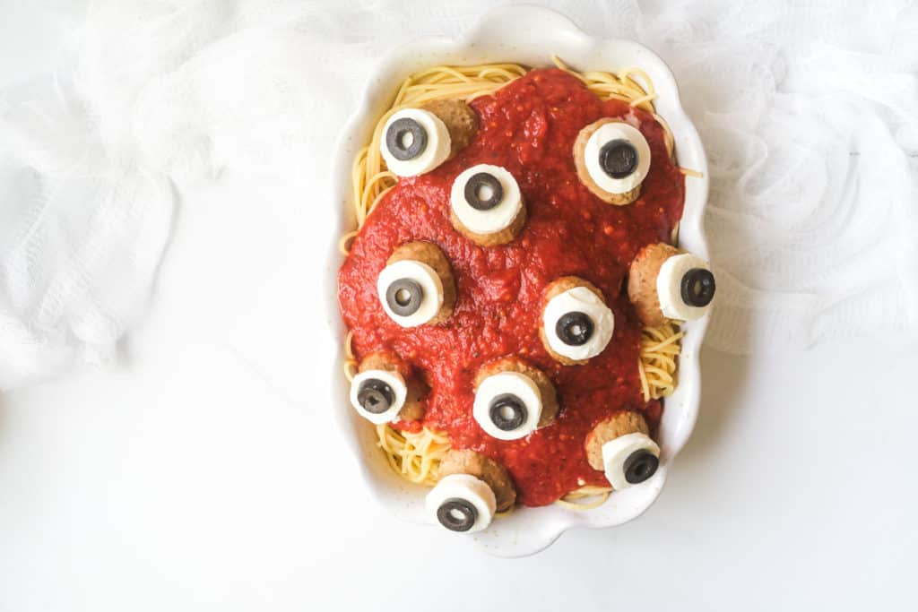 top down view of the completed halloween spaghetti and eyeball meatballs recipe