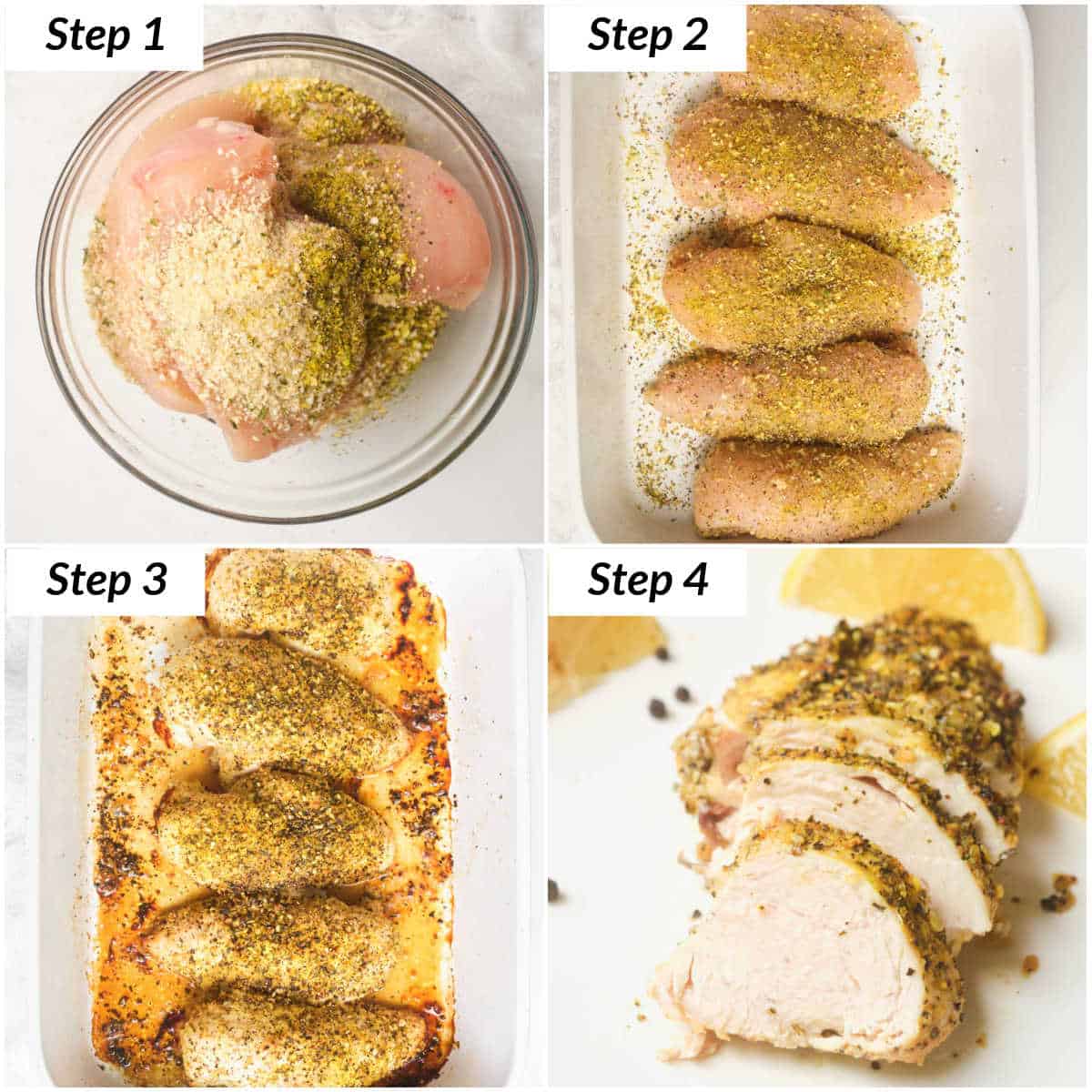 image collage showing the steps for making lemon pepper chicken
