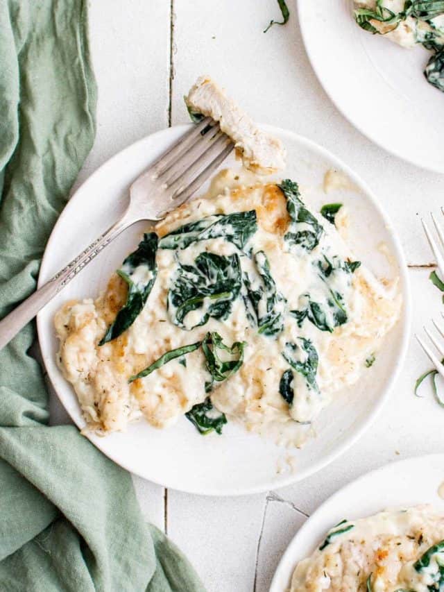 one serving of chicken florentine on a white plate with a fork removing a bite