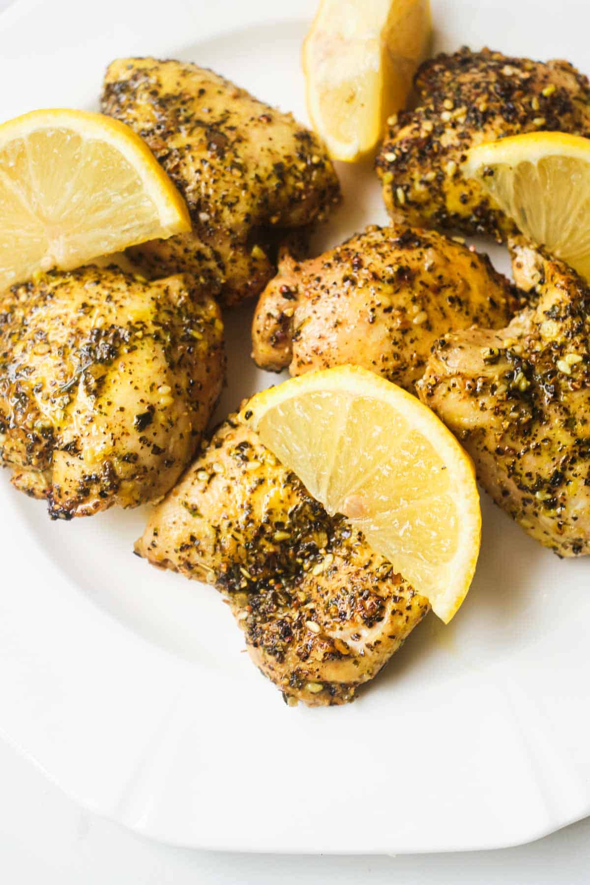 the completed baked lemon pepper chicken thighs recipe