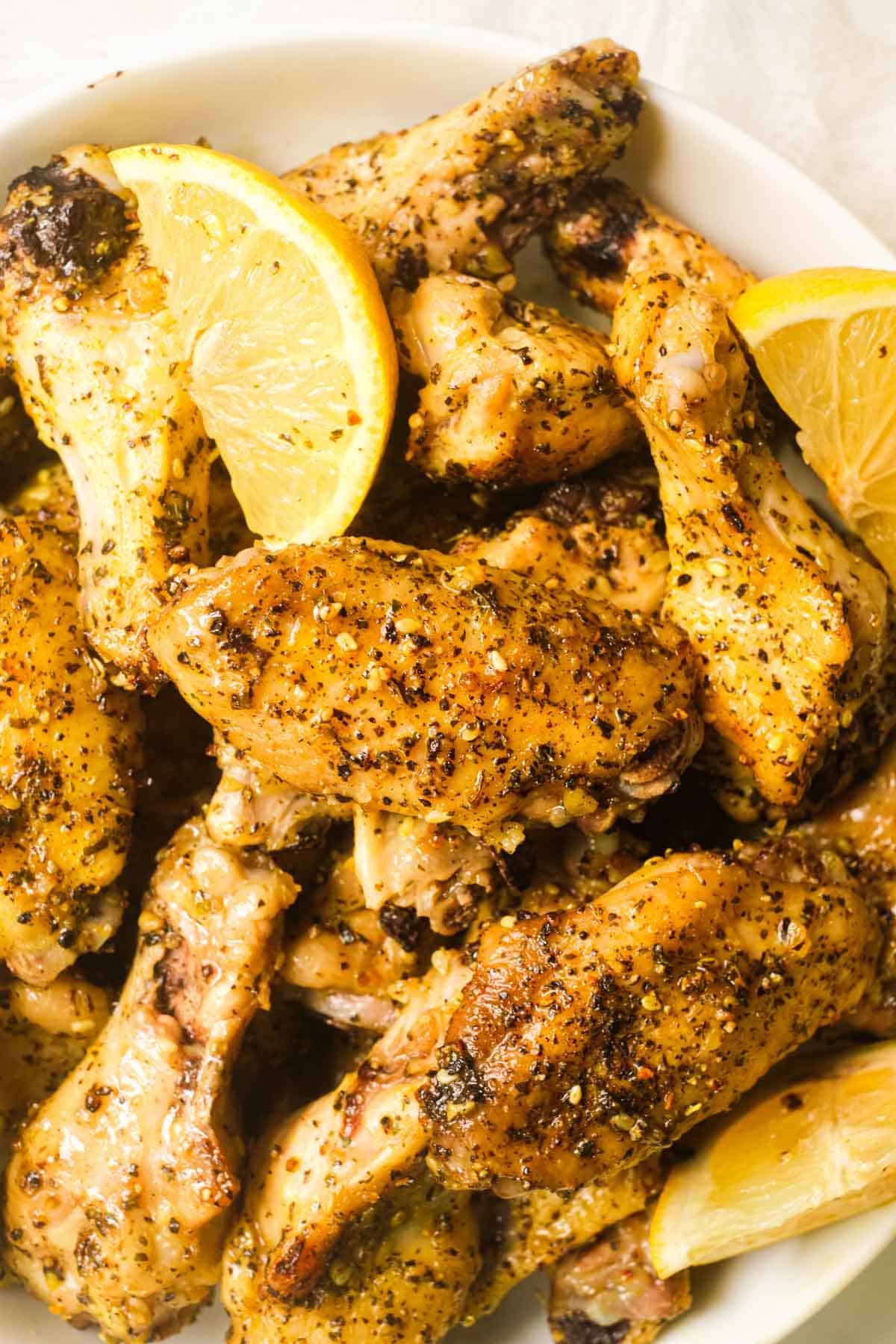 close up view of the finished lemon pepper wings