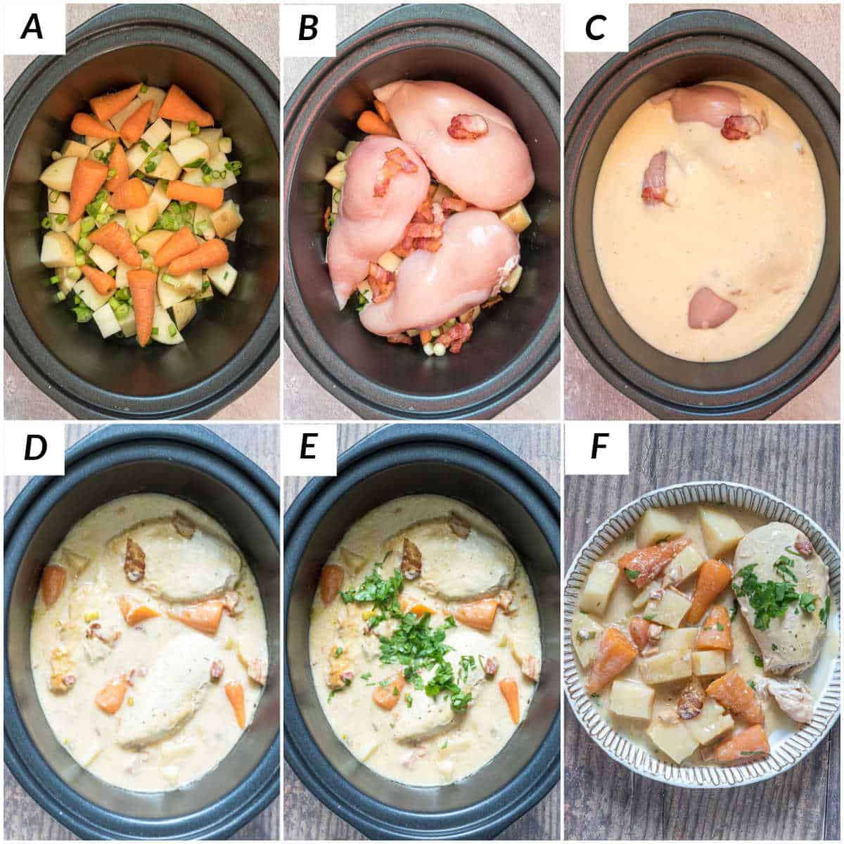 image collage showing the steps for making crockpot ranch chicken