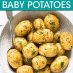 whole baby potatoes in a bowl with a spoon