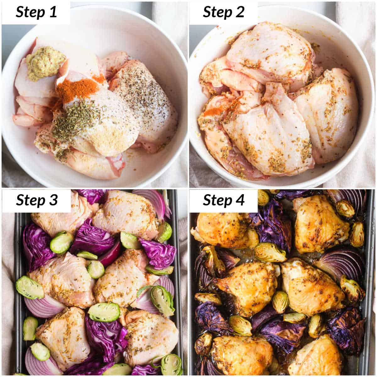 image collage showing the steps for making sheet pan chicken thighs