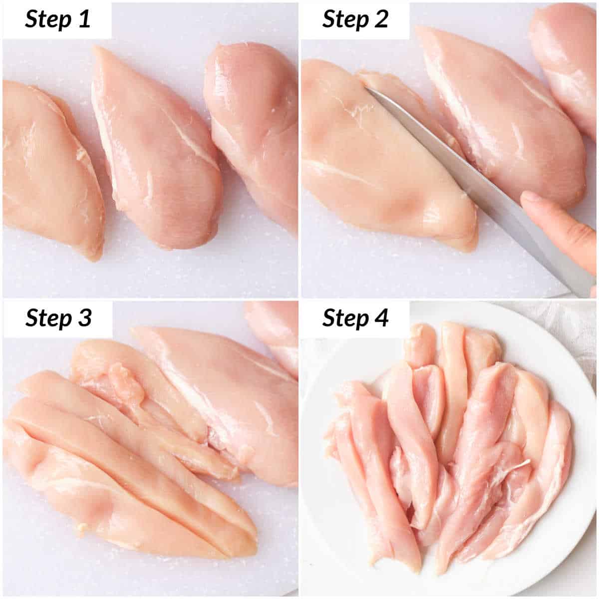 image collage showing how to cut chicken breast into tenders