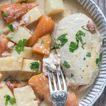 close up view of one serving of crockpot ranch chicken casserole