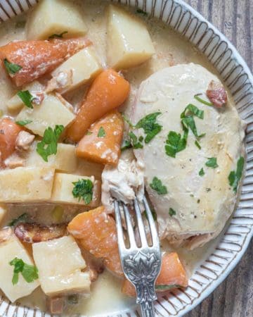 close up view of one serving of crockpot ranch chicken casserole