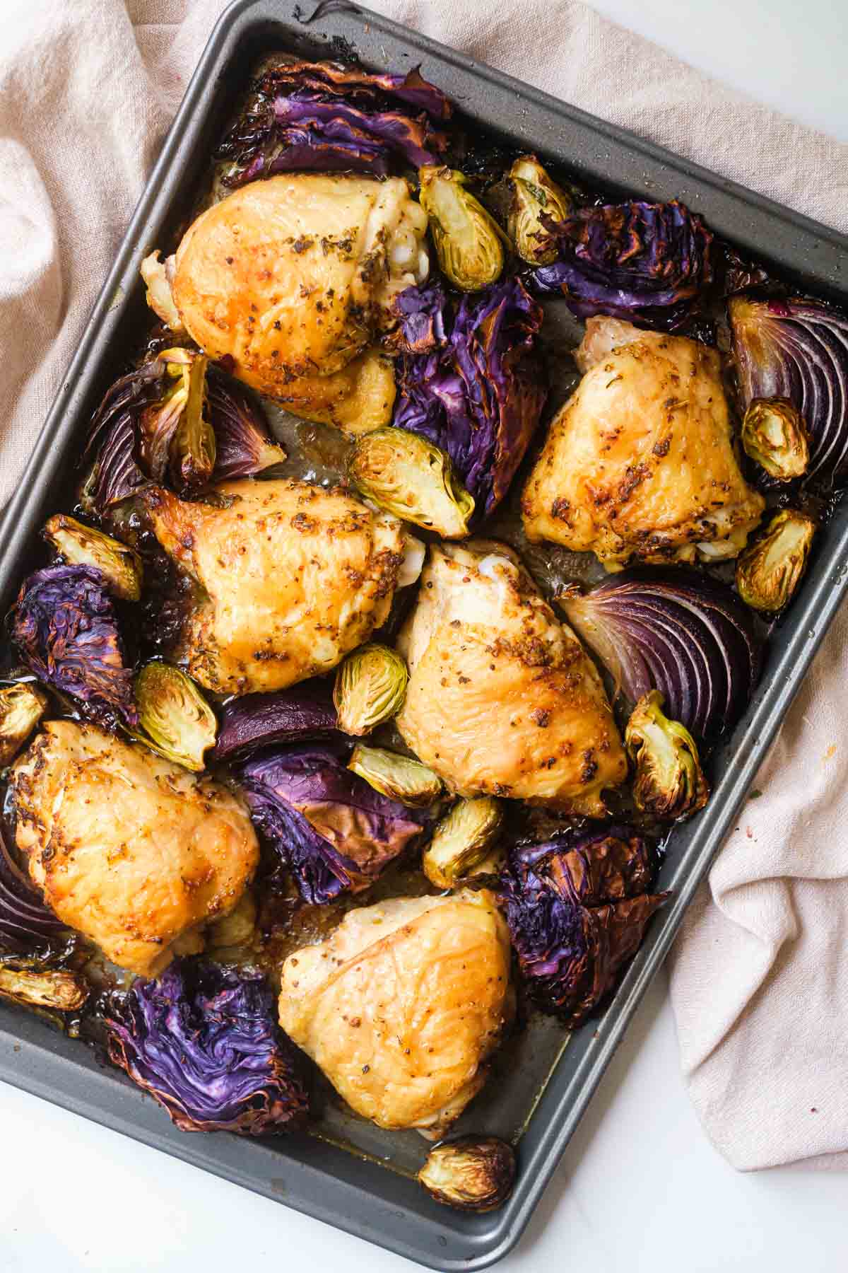 the completed sheet pan chicken thighs recipe