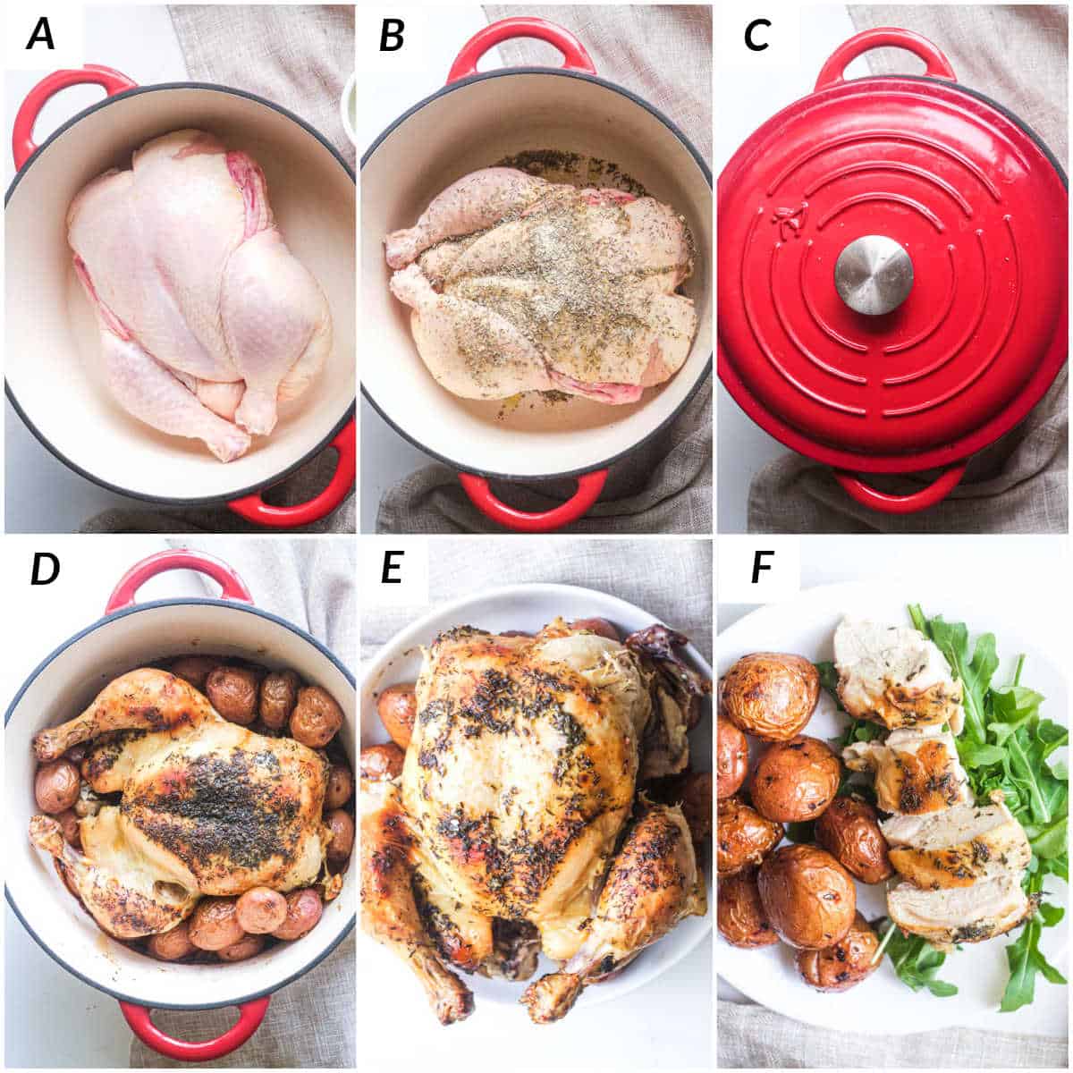 image collage showing the steps for making dutch oven chicken