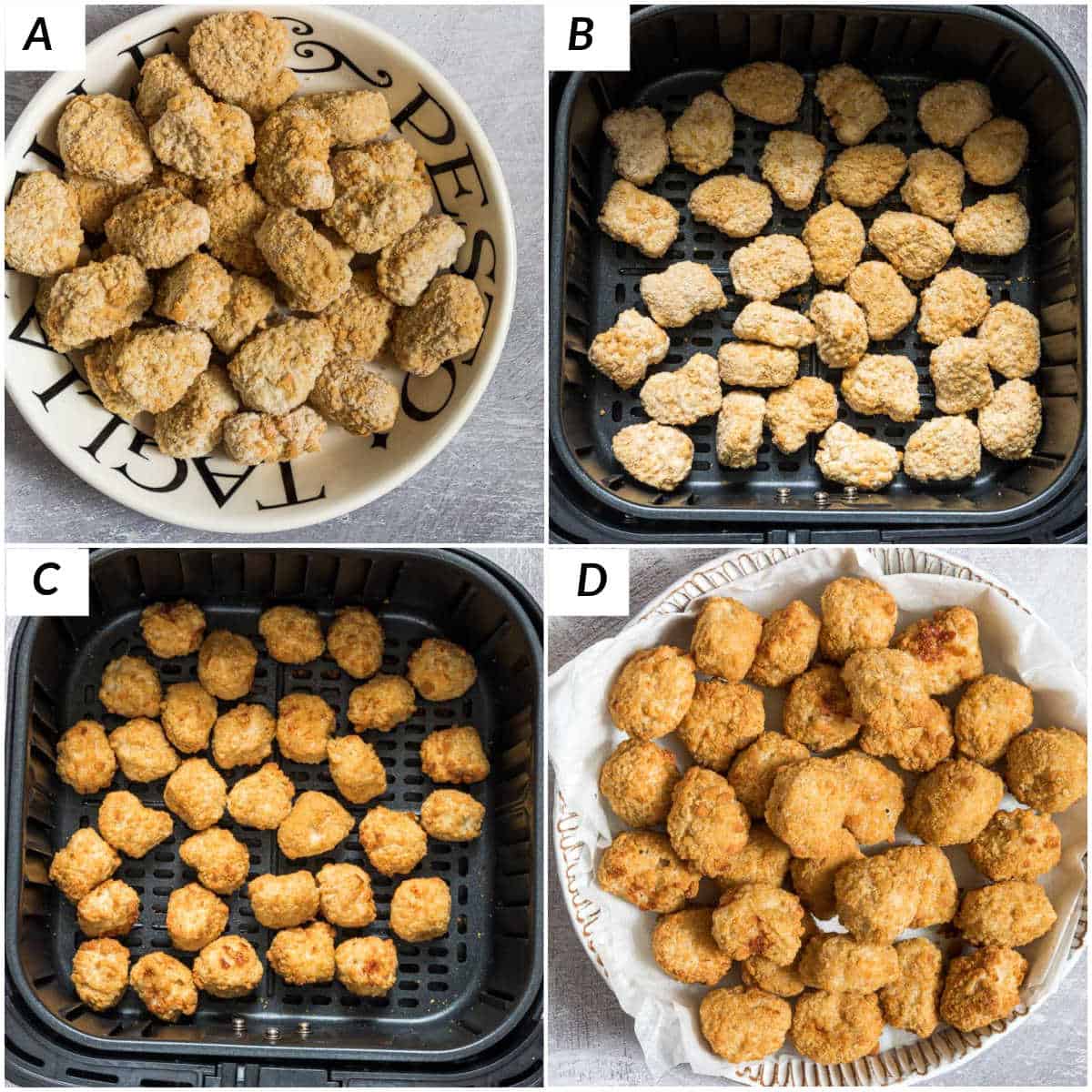 image collage showing the steps for making frozen chicken nuggets air fryer