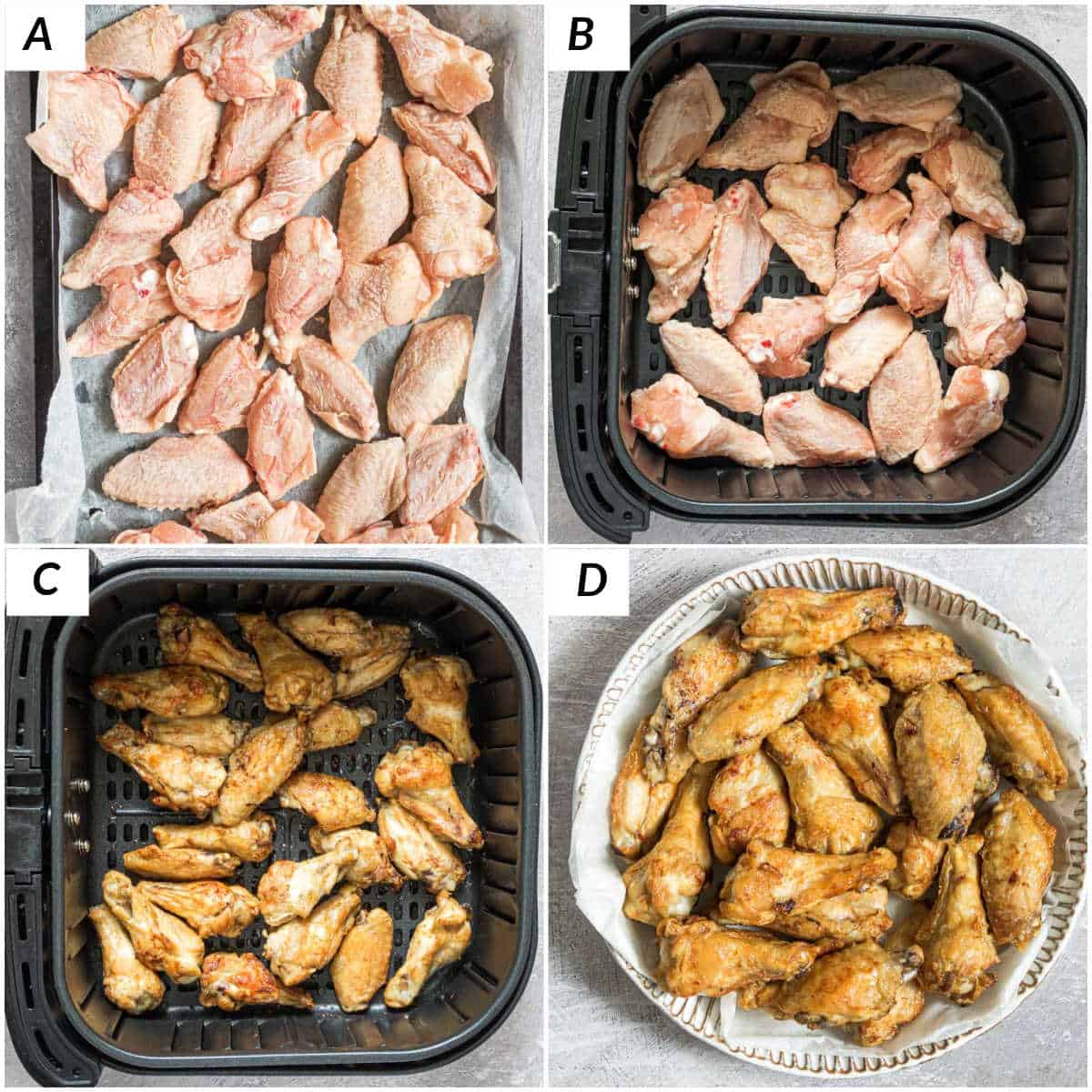 image collage showing the steps for making frozen chicken wings in air fryer