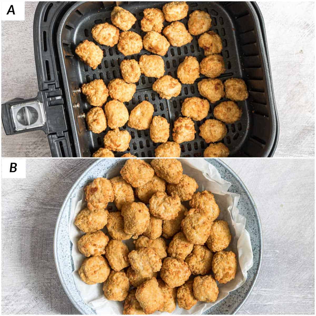 image collage showing the steps to reheat chicken nuggets in air fryer
