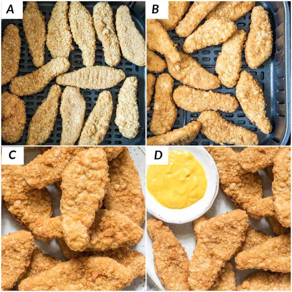 image collage showing the steps to reheat chicken tenders in air fryer