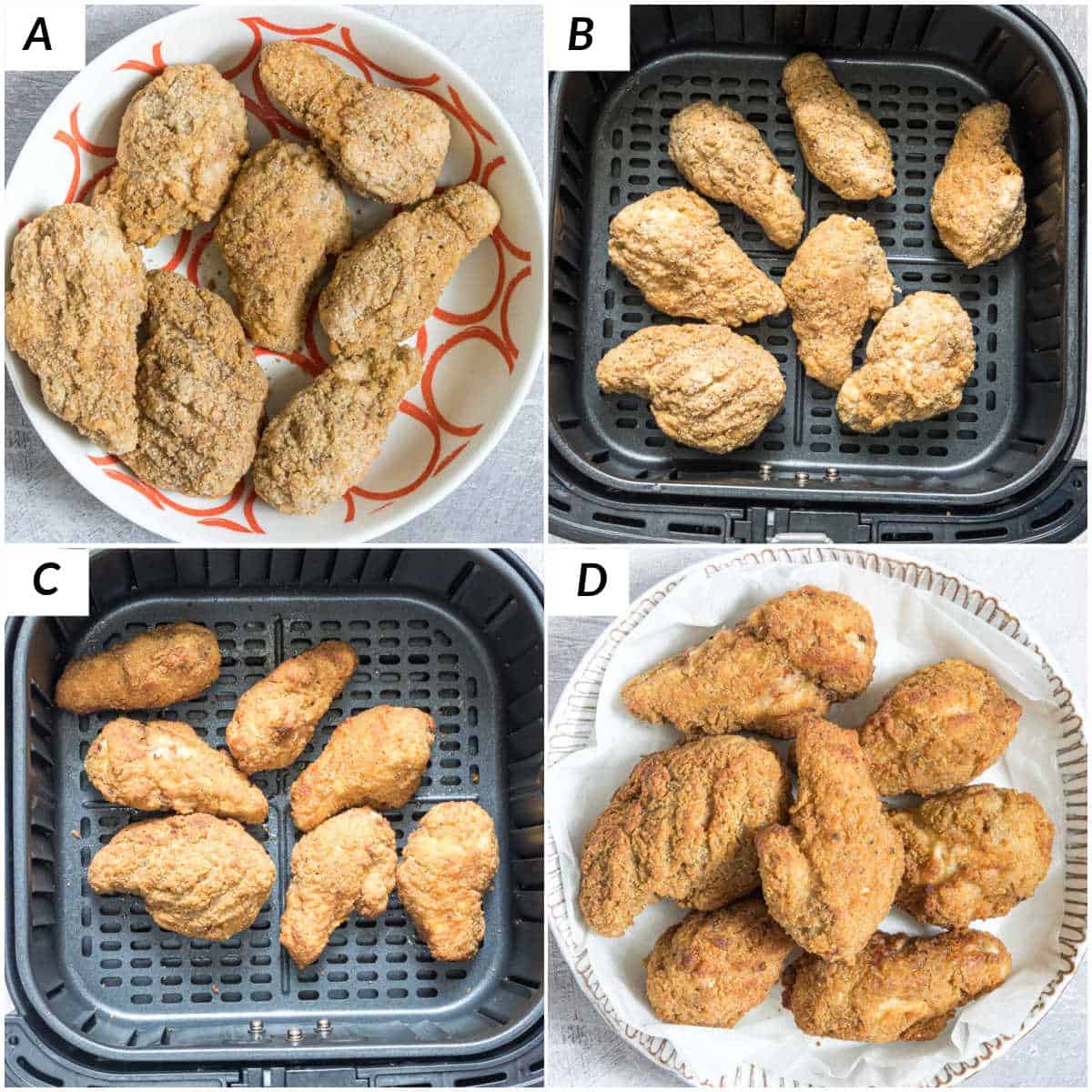 image collage showing the steps to reheat chicken wings in air fryer