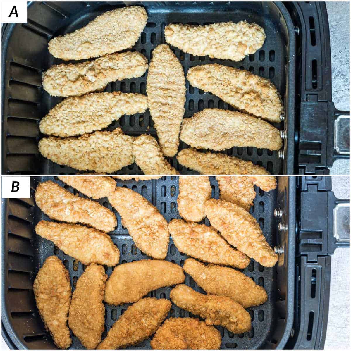 image collage showing the steps for cooking frozen chicken tenders in air fryer