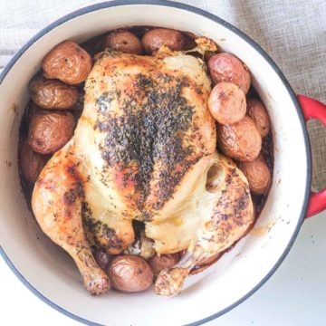 top down view of the cooked dutch oven chicken