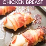 THREE BACON WRAPPED CHICKEN BREASTS ON A SHEET PAN