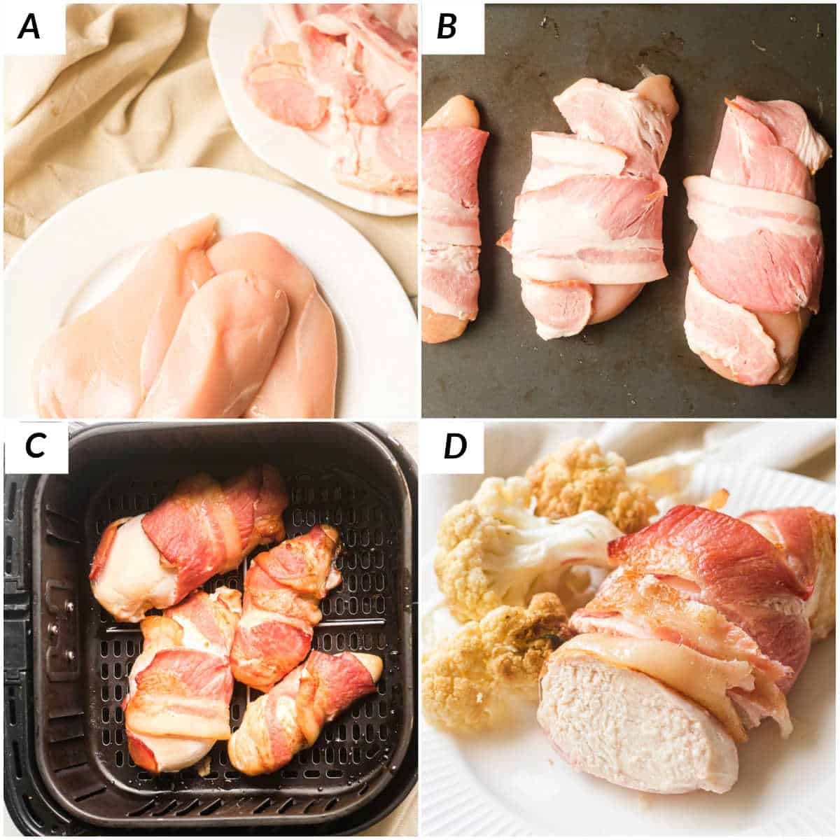 image collage showing the steps for making bacon wrapped chicken in air fryer
