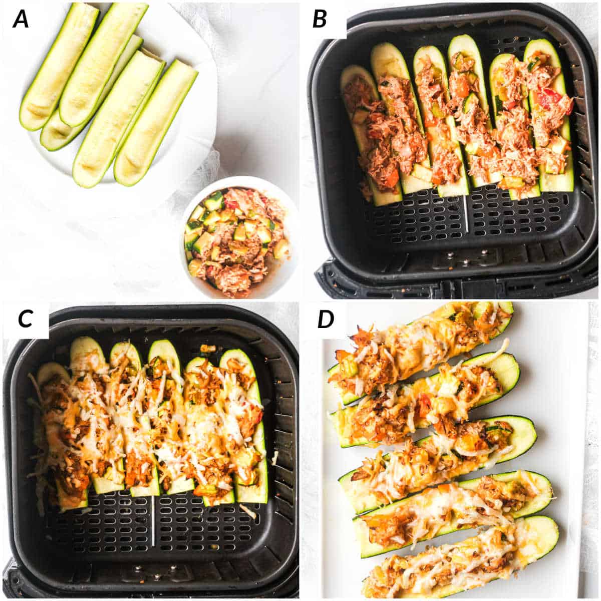 image collage showing the steps for making buffalo chicken zucchini boats in air fryer