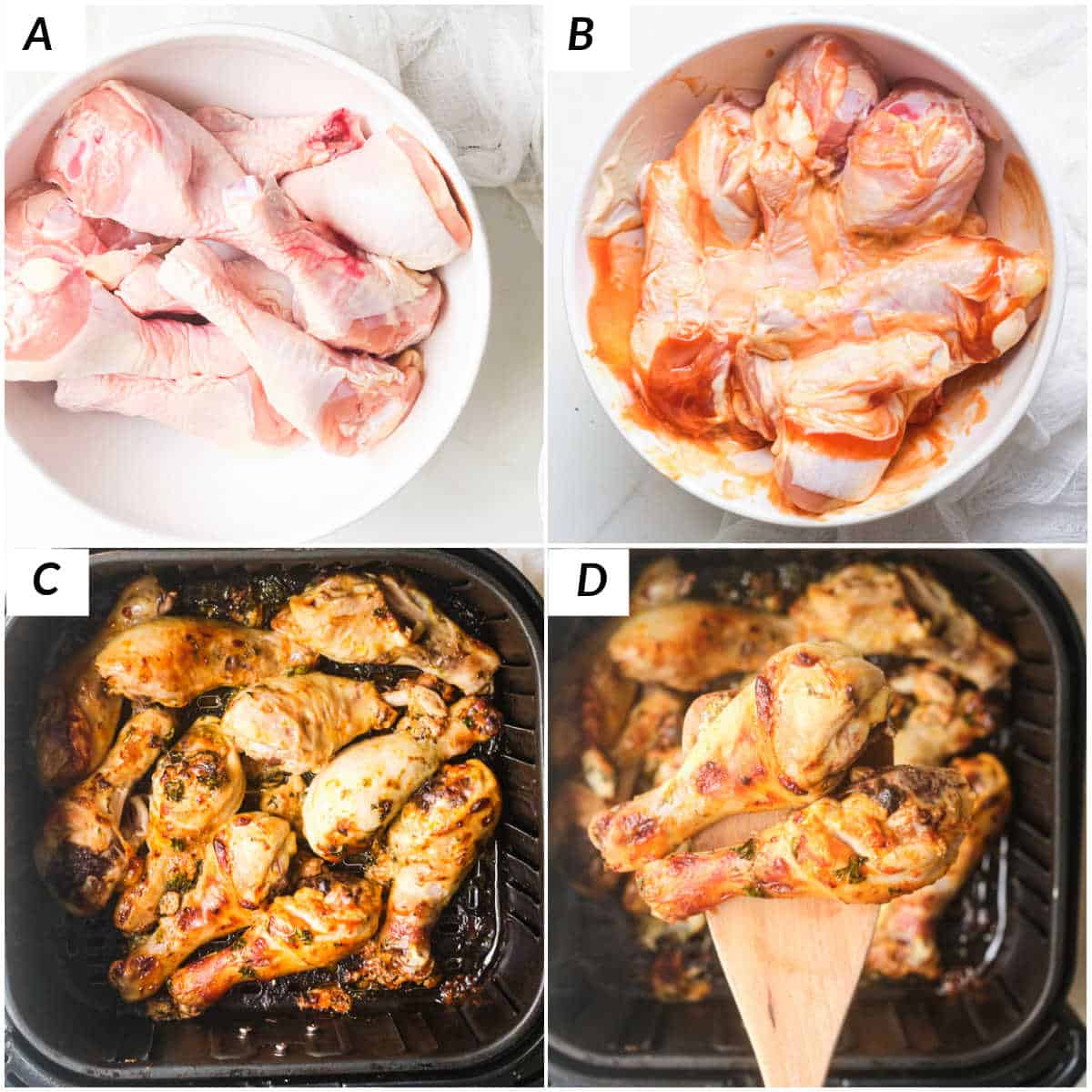 image collage showing the steps for making this air fryer buffalo drumsticks recipe