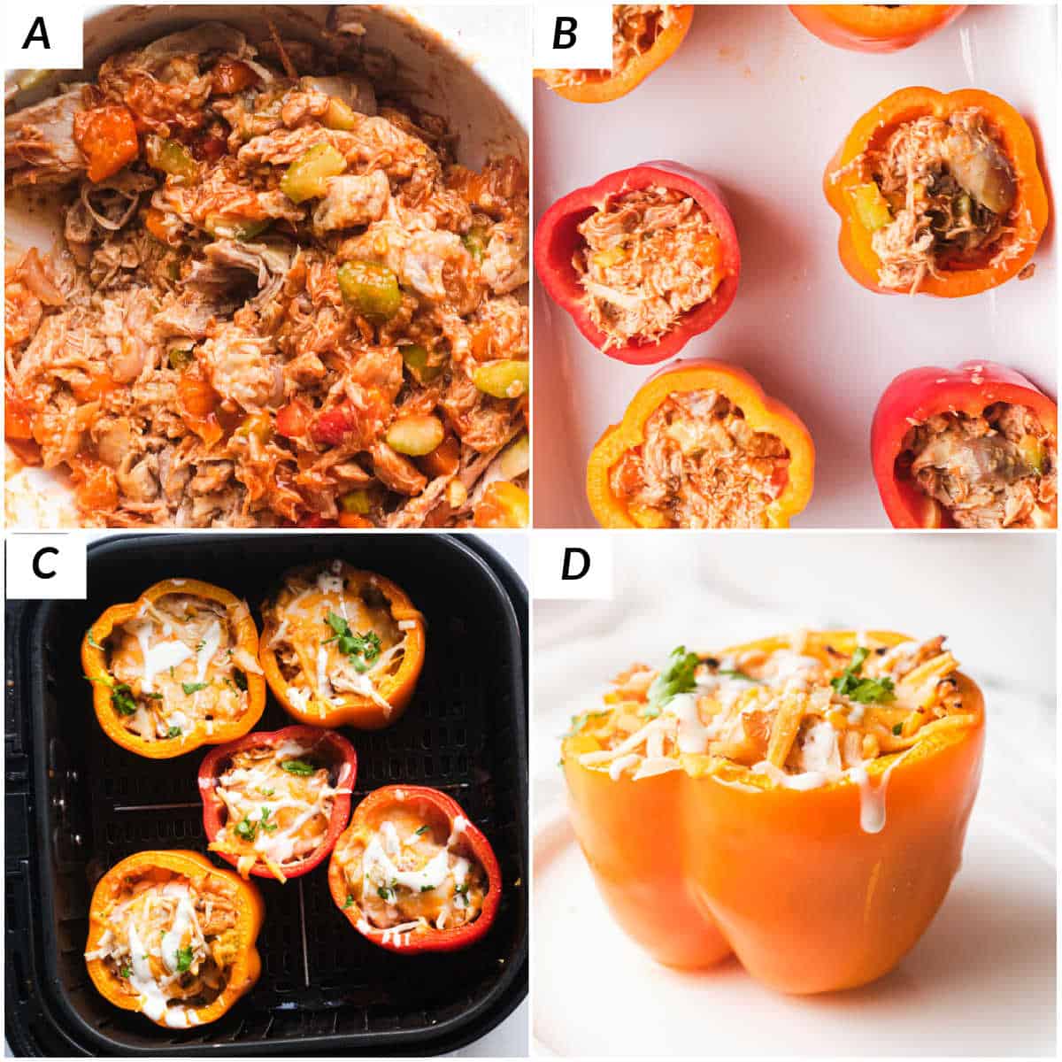 image collage showing the steps for making buffalo chicken air fryer stuffed peppers