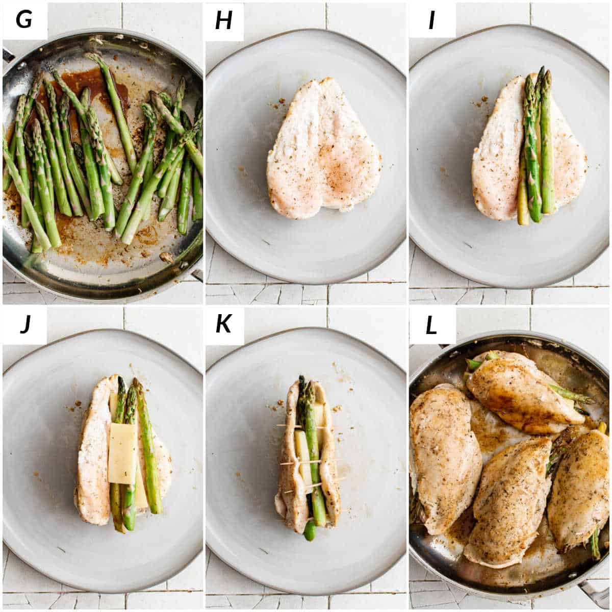 image collage showing the last batch of steps for making asparagus stuffed chicken breast