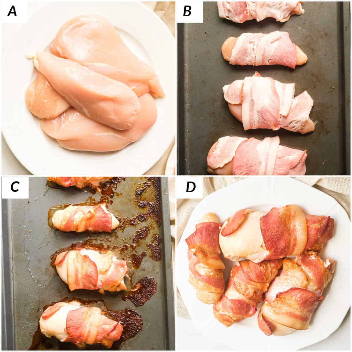 image collage showing the steps for making bacon wrapped chicken breast