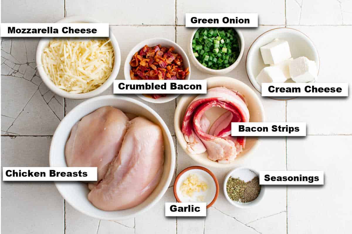 the ingredients needed for making bacon wrapped stuffed chicken breast