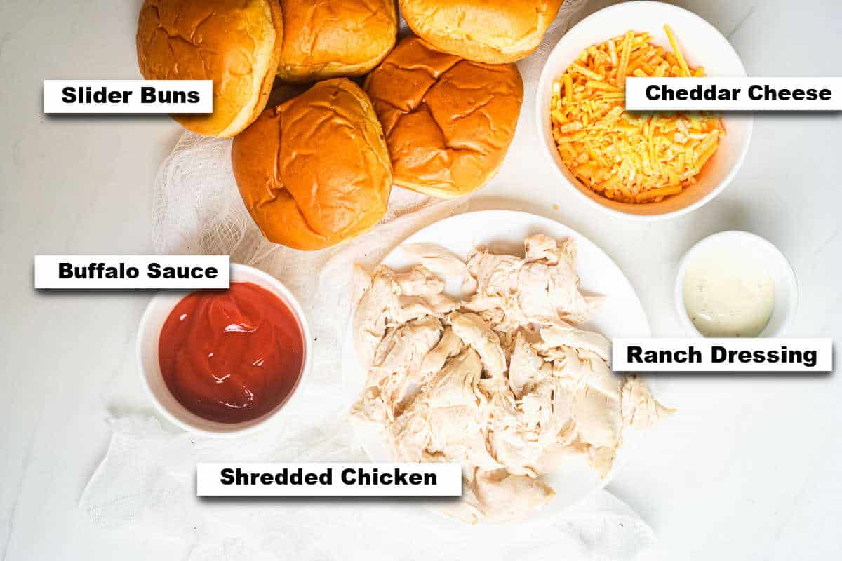 the ingredients needed for making buffalo chicken sliders