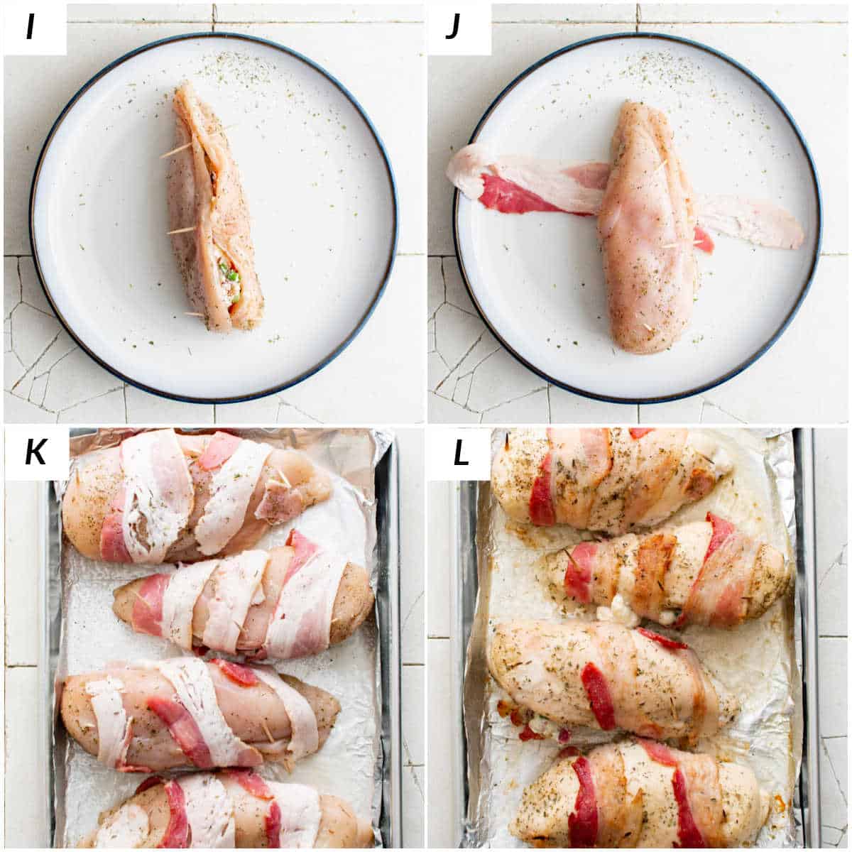 image collage showing the final steps for making bacon wrapped stuffed chicken breast