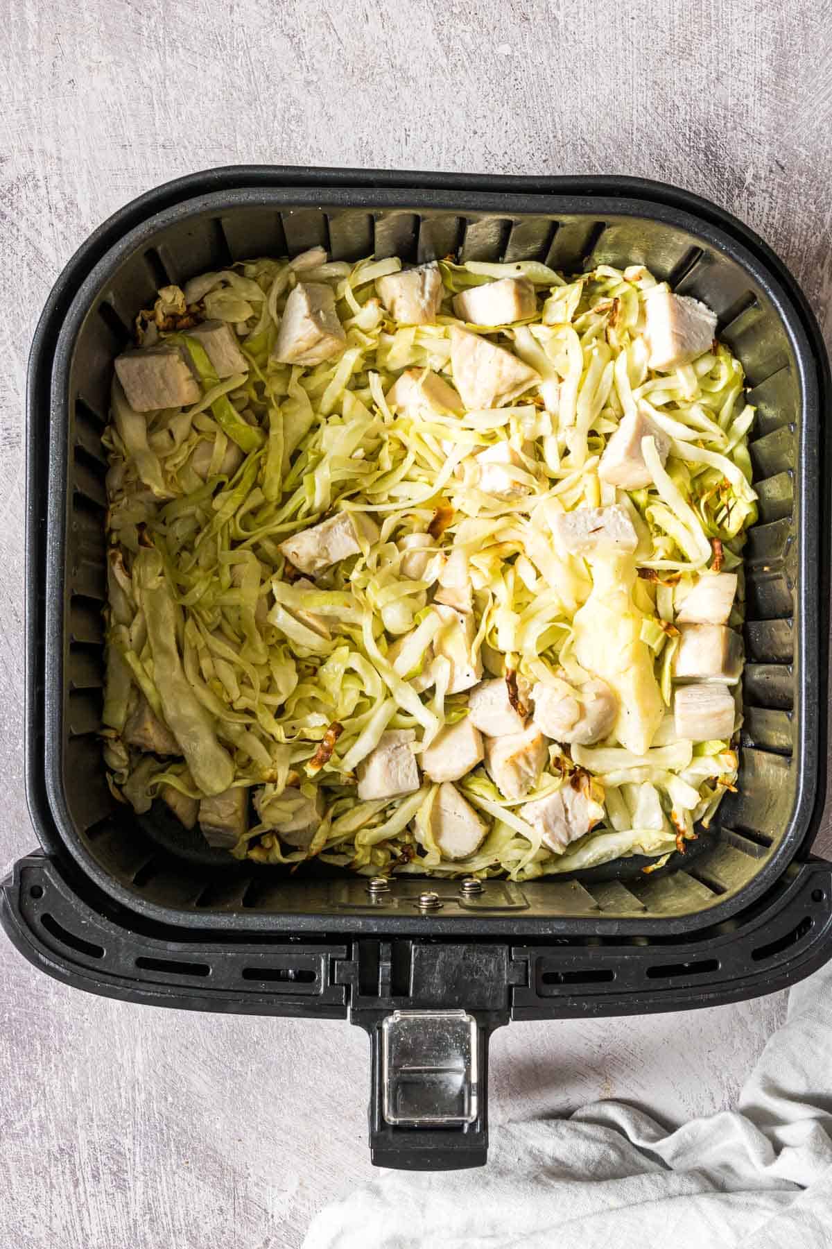 the completed air fryer chicken and cabbage recipe