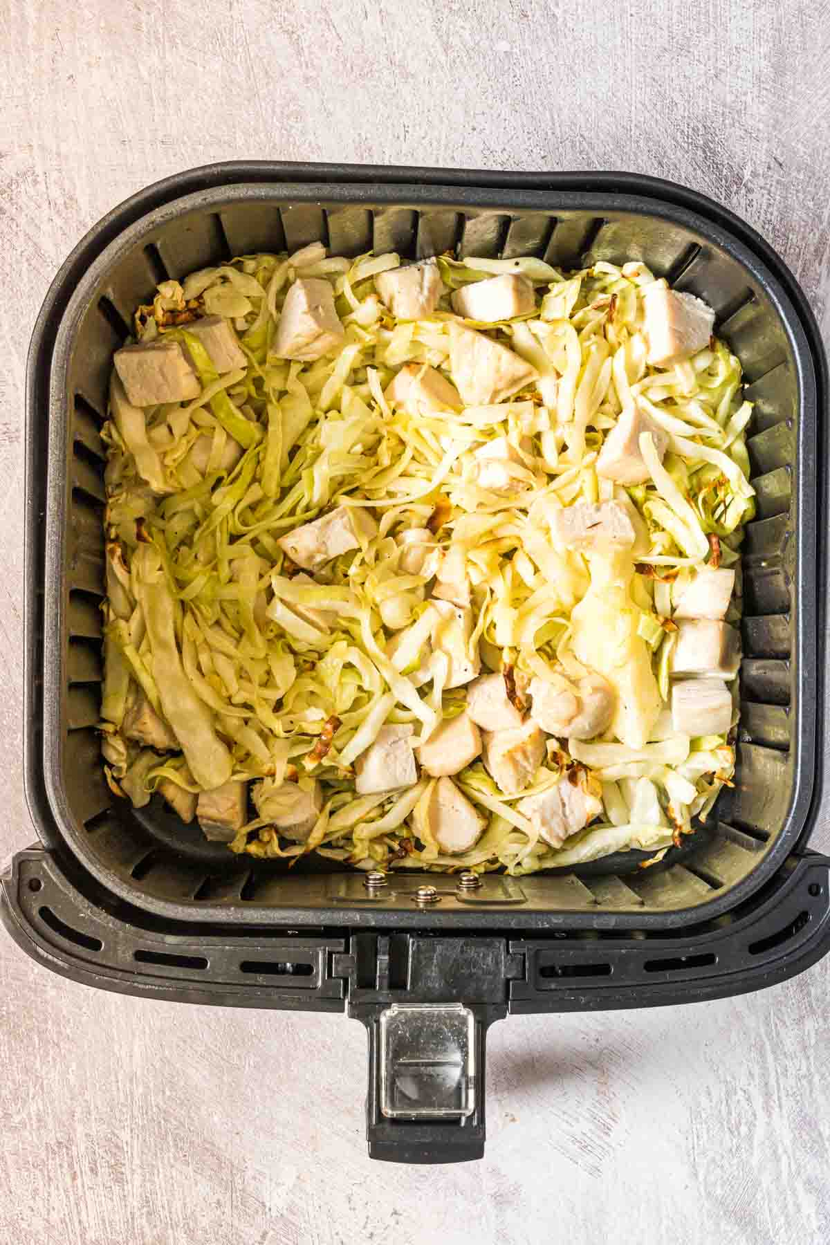 the finished air fryer chicken and cabbage recipe ready to be served