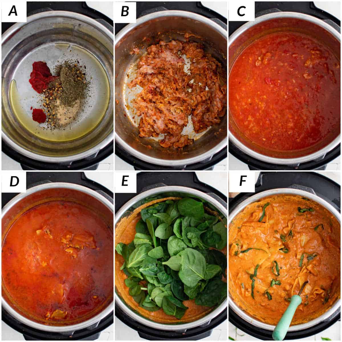 image collage showing the steps for making instant pot lasagna soup