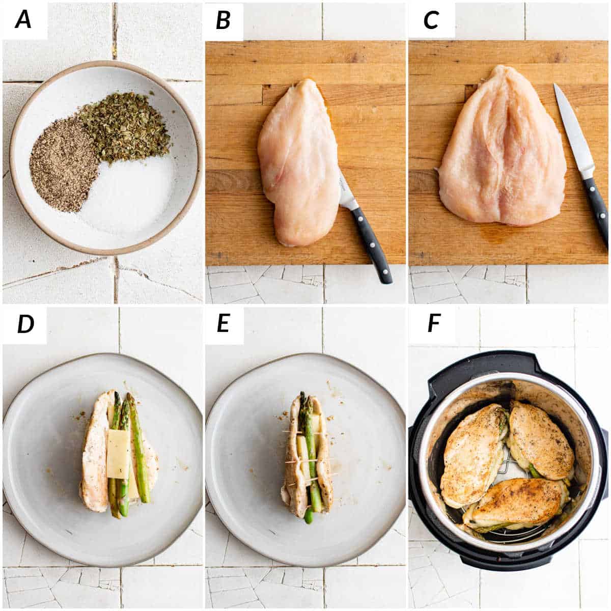image collage showing the steps for making instant pot stuffed chicken breast