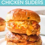 A STACK OF TWO BUFFALO CHICKEN SLIDERS ON A PLATE