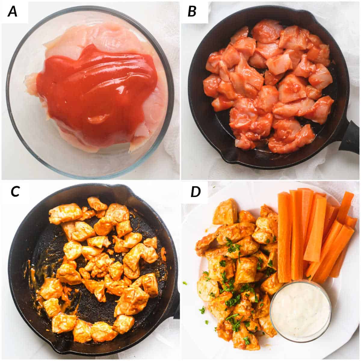 image collage showing the steps for making buffalo chicken bites