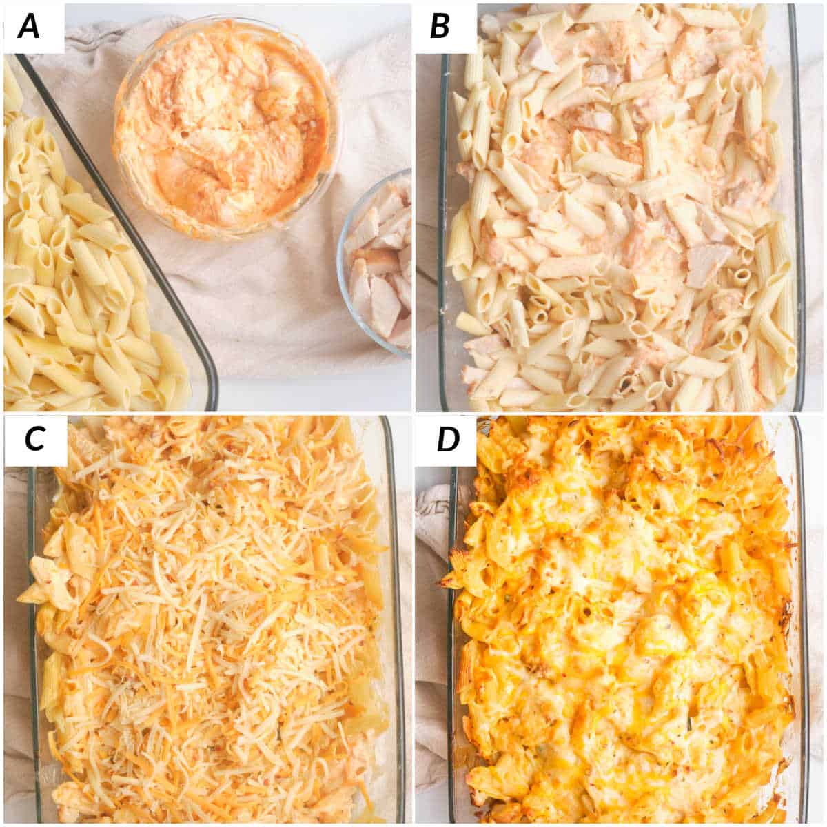 image collage showing the steps for making buffalo chicken pasta bake