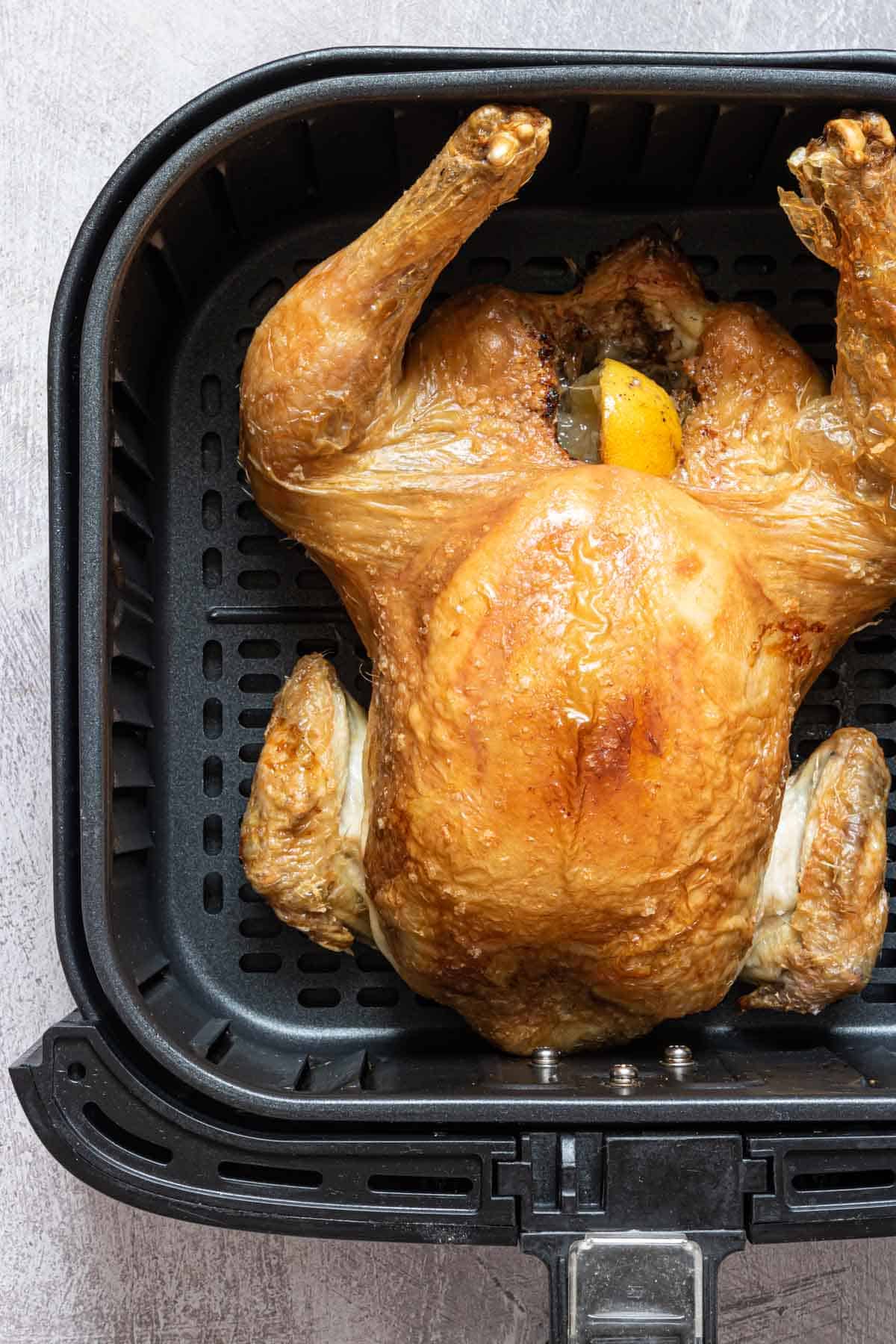 the finished version of this reheat rotisserie chicken in air fryer recipe