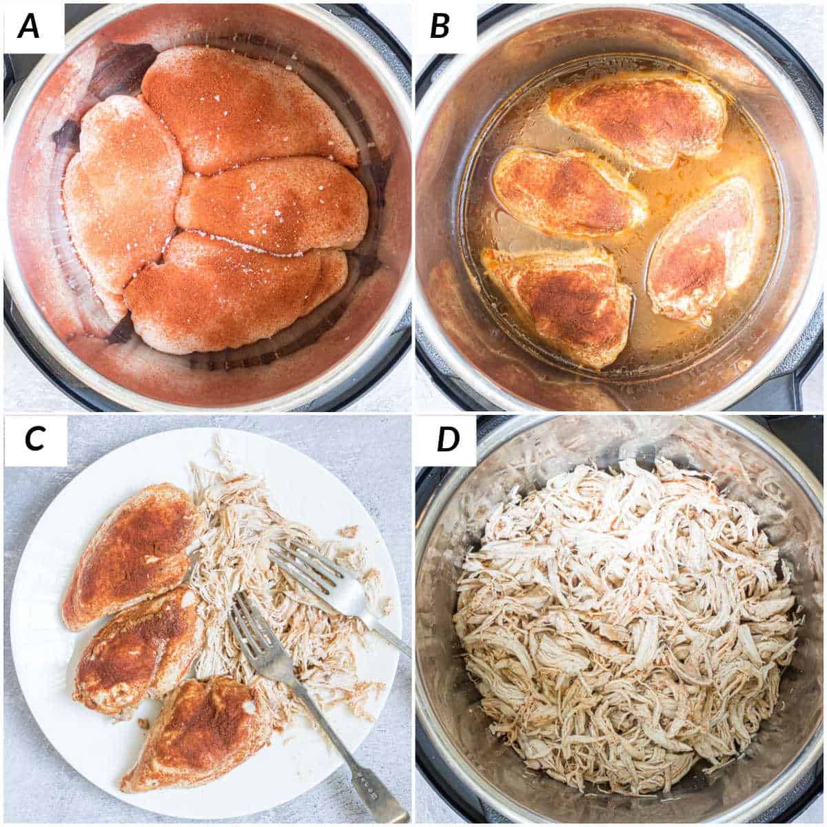 image collage showing the steps for making instant pot shredded chicken