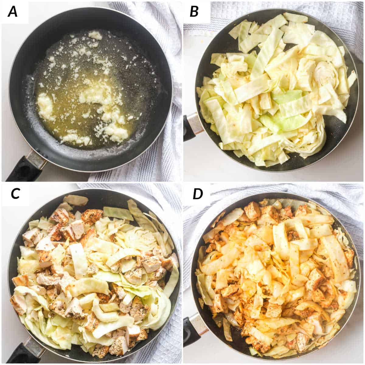 image collage showing the steps for making chicken and cabbage