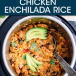 Chicken enchilada rice in an instant pot garnished with avocado